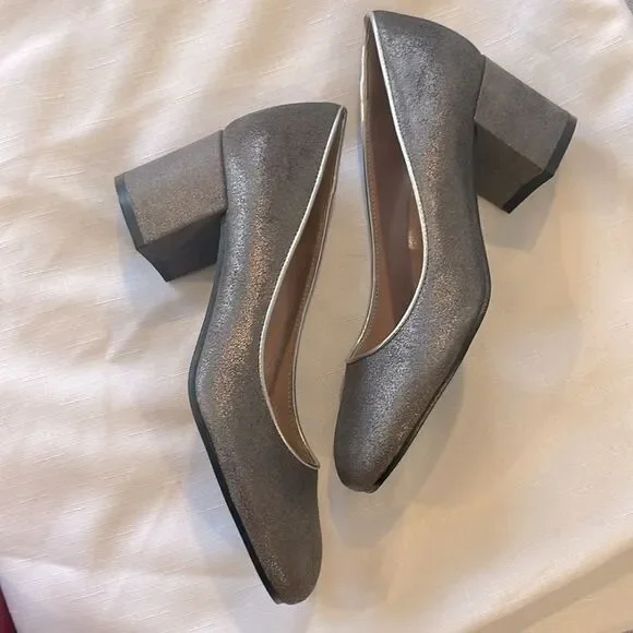 POLLINI PEWTER LEATHER BLOCK HEEL PUMPS.  NEW - Picture 3 of 8